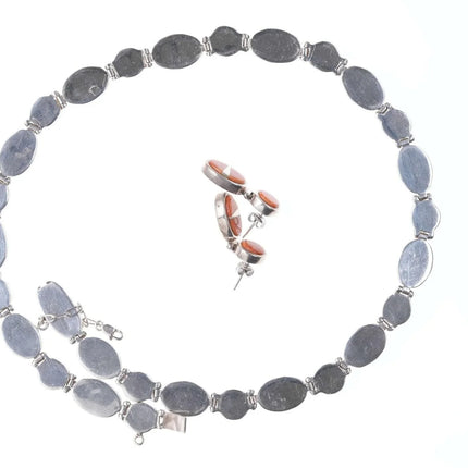 Calvin Begay Navajo Sponge Coral Sterling Channel inlay necklace and earrings - Estate Fresh Austin