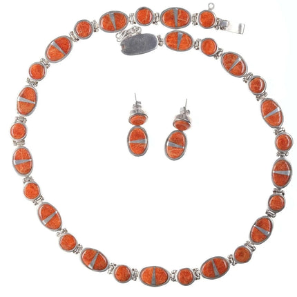 Calvin Begay Navajo Sponge Coral Sterling Channel inlay necklace and earrings - Estate Fresh Austin