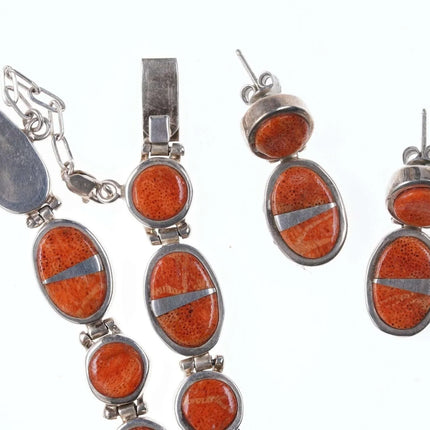 Calvin Begay Navajo Sponge Coral Sterling Channel inlay necklace and earrings - Estate Fresh Austin