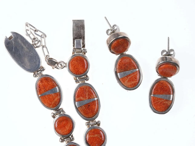 Calvin Begay Navajo Sponge Coral Sterling Channel inlay necklace and earrings - Estate Fresh Austin