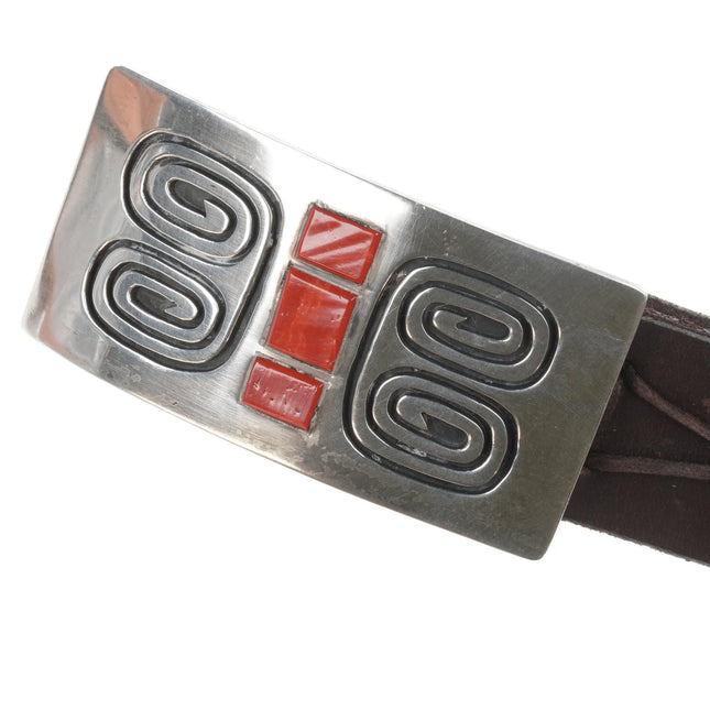 Carl Allen Begay (1912-1972) Navajo sterling and coral buckle on 30" belt - Estate Fresh Austin
