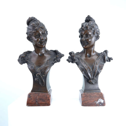 Carl Kauba (1865 - 1922) Viennese Bronze Busts of Beauties Pair - Estate Fresh Austin