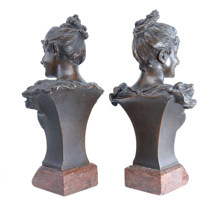 Carl Kauba (1865 - 1922) Viennese Bronze Busts of Beauties Pair - Estate Fresh Austin