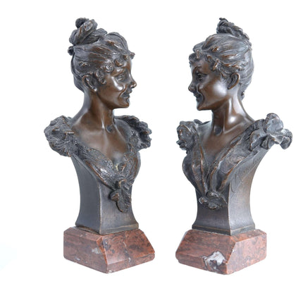 Carl Kauba (1865 - 1922) Viennese Bronze Busts of Beauties Pair - Estate Fresh Austin