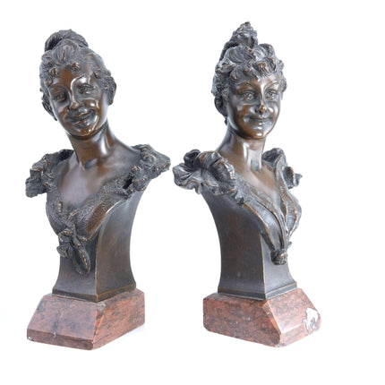 Carl Kauba (1865 - 1922) Viennese Bronze Busts of Beauties Pair - Estate Fresh Austin