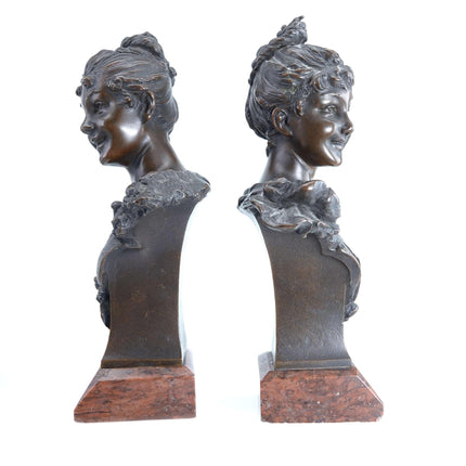 Carl Kauba (1865 - 1922) Viennese Bronze Busts of Beauties Pair - Estate Fresh Austin