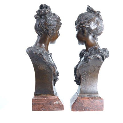 Carl Kauba (1865 - 1922) Viennese Bronze Busts of Beauties Pair - Estate Fresh Austin