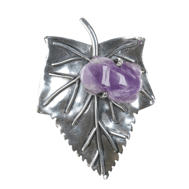 Carmen Beckmann Modernist sterling carved Amethyst frog on leaf pin - Estate Fresh Austin