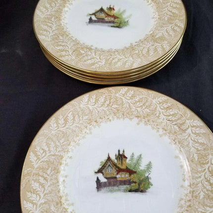 Cauldon Plate Set Lake Cabin with Fern Border c.1900 9" (6) - Estate Fresh Austin