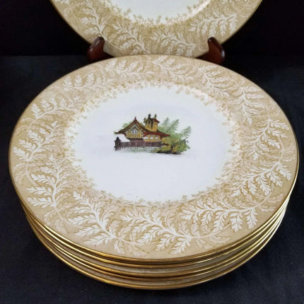 Cauldon Plate Set Lake Cabin with Fern Border c.1900 9" (6) - Estate Fresh Austin