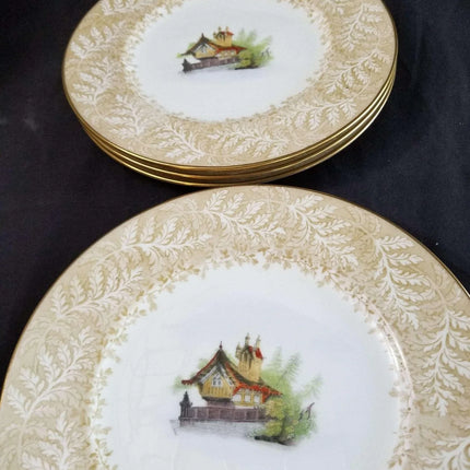 Cauldon Plate Set Lake Cabin with Fern Border c.1900 9" (6) - Estate Fresh Austin