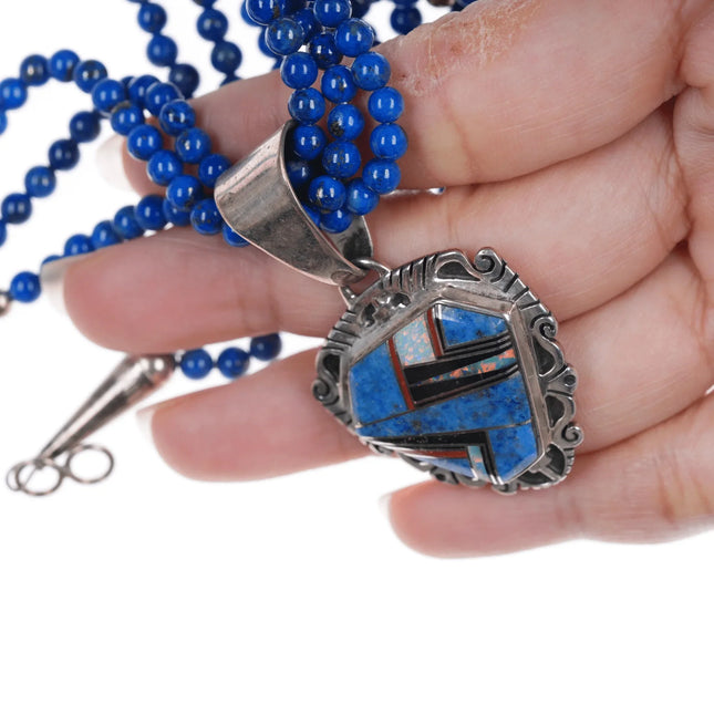 Cecil Ashley Navajo Denim Lapis, coral, opal, onyx, sterling pendant on lapis - Estate Fresh Austin