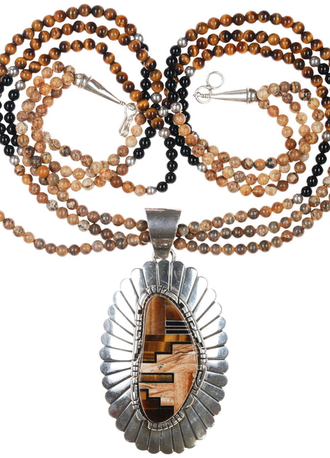 Cecil Ashley Navajo sterling tiger's Eye, Onyx, petrified wood pendant/necklace - Estate Fresh Austin