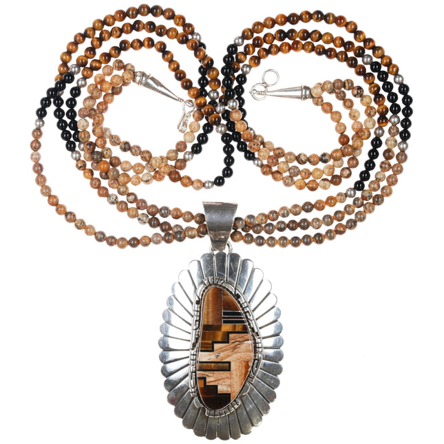 Cecil Ashley Navajo sterling tiger's Eye, Onyx, petrified wood pendant/necklace - Estate Fresh Austin