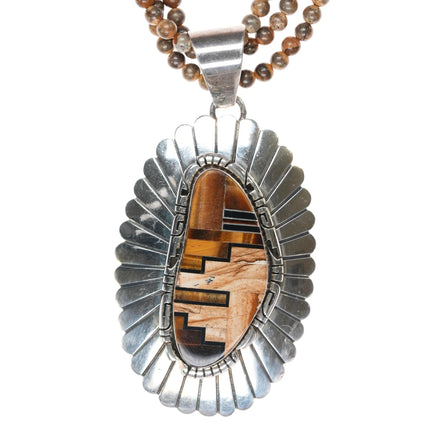 Cecil Ashley Navajo sterling tiger's Eye, Onyx, petrified wood pendant/necklace - Estate Fresh Austin