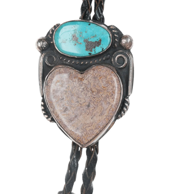 Chief Wolf Robe Hunt (1905-1977) Acoma silver Bolo tie with turquoise/Jasper heart - Estate Fresh Austin