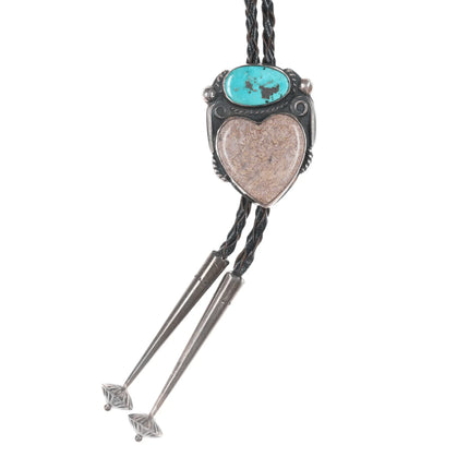 Chief Wolf Robe Hunt (1905-1977) Acoma silver Bolo tie with turquoise/Jasper heart - Estate Fresh Austin