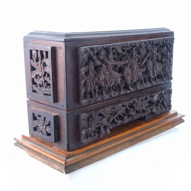 Chinese Antique Carved Wood Buddhist Scroll Box on stand - Estate Fresh Austin