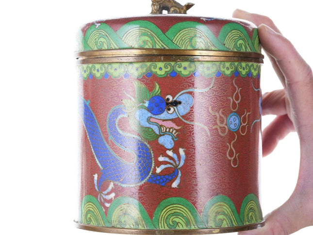 Chinese Republic Period cloisonne humidor with bronze foo lion handle - Estate Fresh Austin