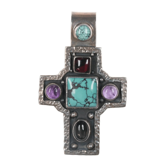 Chris Bales Elligators sterling, turquoise, Amethyst, and sea glass cross pendant - Estate Fresh Austin