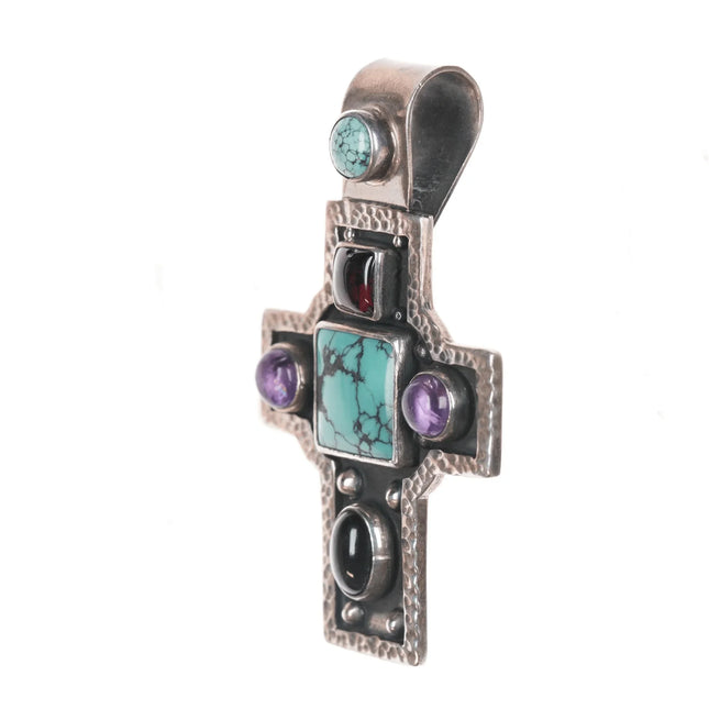 Chris Bales Elligators sterling, turquoise, Amethyst, and sea glass cross pendant - Estate Fresh Austin
