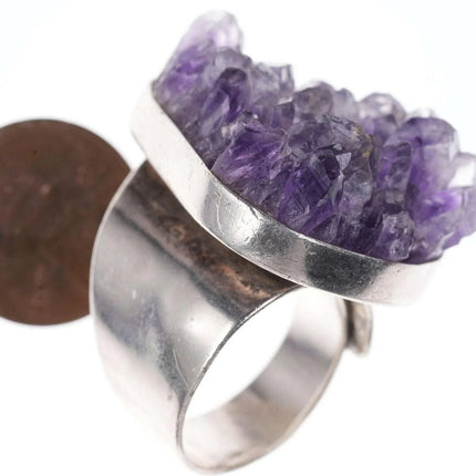 Chunky Adjustable Sterling Raw Amethyst ring Artisan signed - Estate Fresh Austin