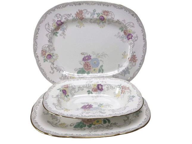 Coalport Churchill Grey Transferware, Handpainted Multicolor Flowers, Gold trim - Estate Fresh Austin