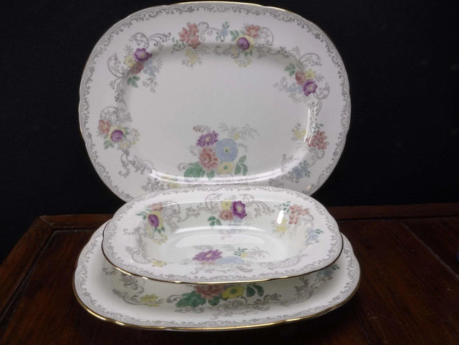 Coalport Churchill Grey Transferware, Handpainted Multicolor Flowers, Gold trim - Estate Fresh Austin
