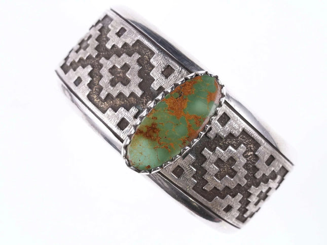 6.875 Dan Jackson (1944-2022) Navajo rug tufa cast bracelet with Ajax turquoise - Estate Fresh Austin