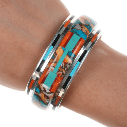 6.5" Daniel Coriz Santo Domingo inlaid silver cuff bracelet - Estate Fresh Austin