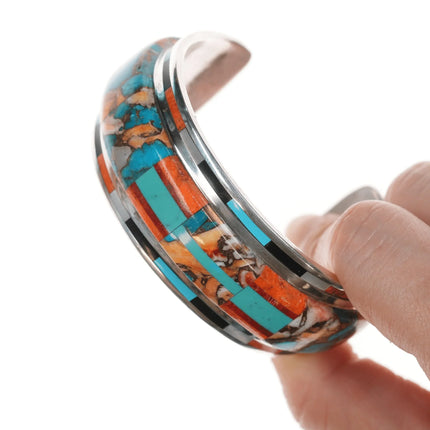 6.5" Daniel Coriz Santo Domingo inlaid silver cuff bracelet - Estate Fresh Austin