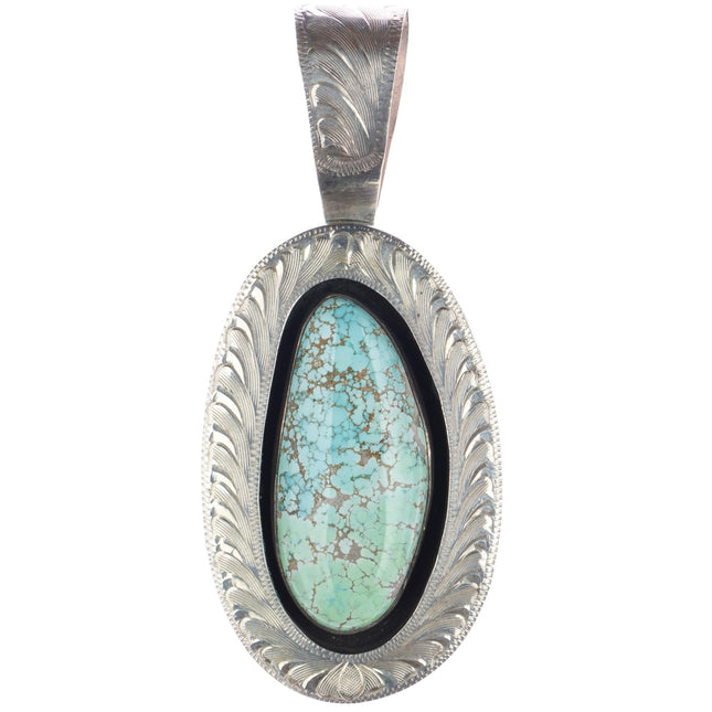 Dave Scott Carico Lake turquoise hand engraved sterling shadowbox pendant - Estate Fresh Austin