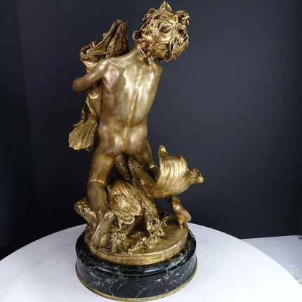 Denys Puech (1854-1942) French Bronze Dore Statue of Boy with Fish - Estate Fresh Austin
