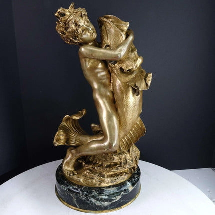 Denys Puech (1854-1942) French Bronze Dore Statue of Boy with Fish - Estate Fresh Austin