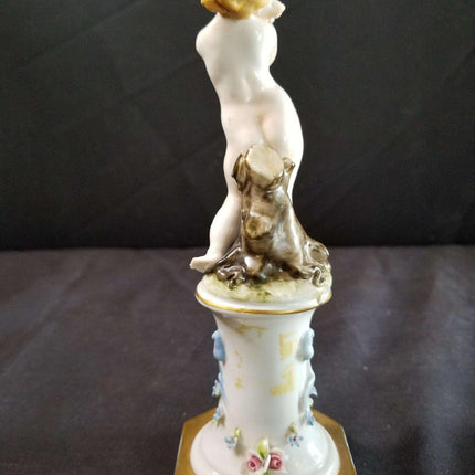 Dresden Capodimonte Style Cherub on Pedestal Applied Flowers, delicate painting - Estate Fresh Austin