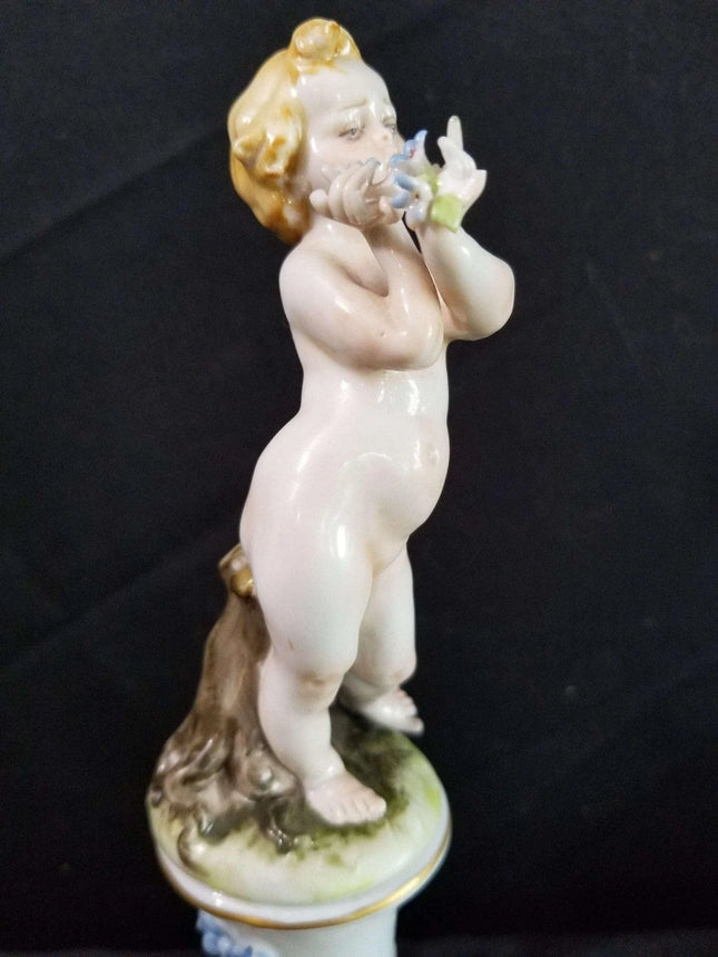 Dresden Capodimonte Style Cherub on Pedestal Applied Flowers, delicate painting - Estate Fresh Austin