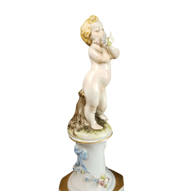 Dresden Capodimonte Style Cherub on Pedestal Applied Flowers, delicate painting - Estate Fresh Austin