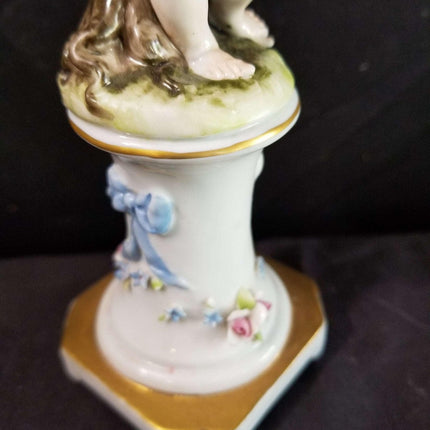 Dresden Capodimonte Style Cherub on Pedestal Applied Flowers, delicate painting - Estate Fresh Austin