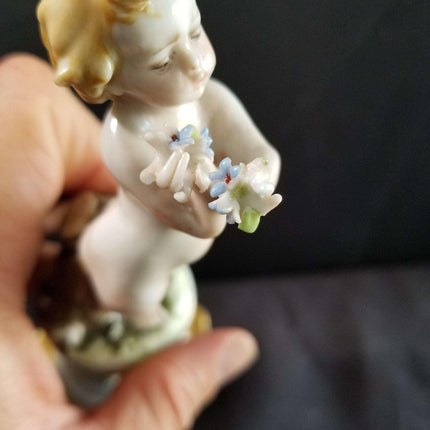 Dresden Capodimonte Style Cherub on Pedestal Applied Flowers, delicate painting - Estate Fresh Austin