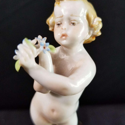 Dresden Capodimonte Style Cherub on Pedestal Applied Flowers, delicate painting - Estate Fresh Austin