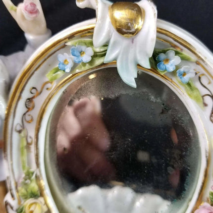 Dresden Porcelain Mirror With Boy Encrusted Flowers Ring Holder Whimsical 19th c - Estate Fresh Austin