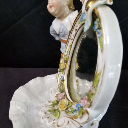 Dresden Porcelain Mirror With Boy Encrusted Flowers Ring Holder Whimsical 19th c - Estate Fresh Austin