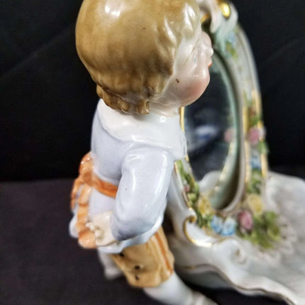 Dresden Porcelain Mirror With Boy Encrusted Flowers Ring Holder Whimsical 19th c - Estate Fresh Austin