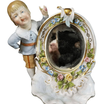 Dresden Porcelain Mirror With Boy Encrusted Flowers Ring Holder Whimsical 19th c - Estate Fresh Austin