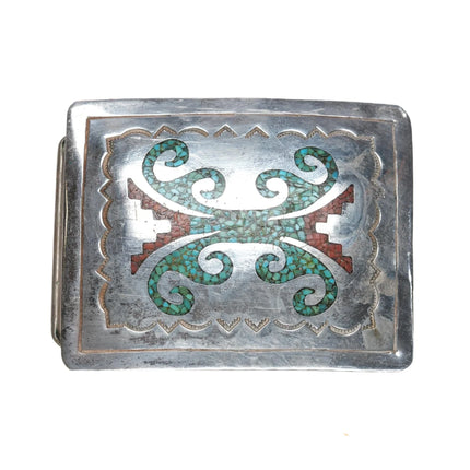 E Vintage Navajo sterling chip inlay belt buckle - Estate Fresh Austin