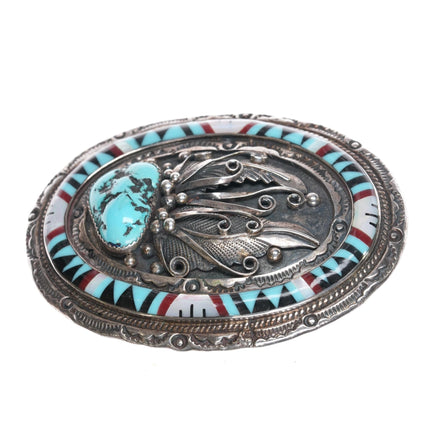 Eddie B Native American sterling turquoise intarsia inlay belt buckle - Estate Fresh Austin