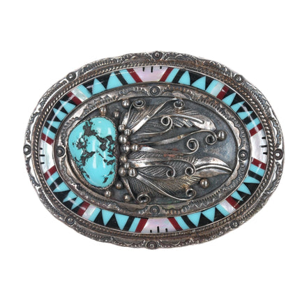 Eddie B Native American sterling turquoise intarsia inlay belt buckle - Estate Fresh Austin