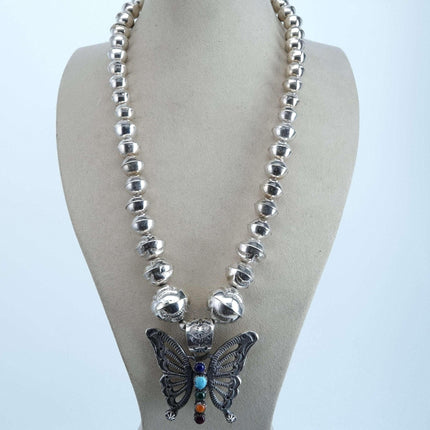 E.L. Billah Navajo Sterling Silver Stamped Beaded necklace with Sandcast Buttfer - Estate Fresh Austin