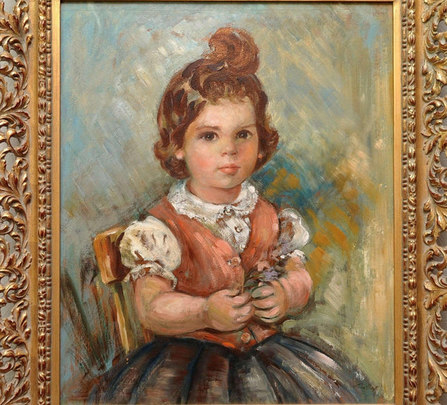 Elizabeth Van Cort Listed Artist Female Child Portrait Oil on Board in Incredibl - Estate Fresh Austin