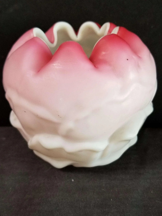 Embossed Leaf Victorian Pink Cased Art Glass Rose Bowl late 19th century - Estate Fresh Austin